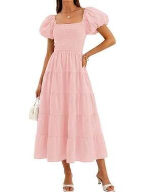 Women's Pink Puff-Sleeve Tiered Midi Dress
